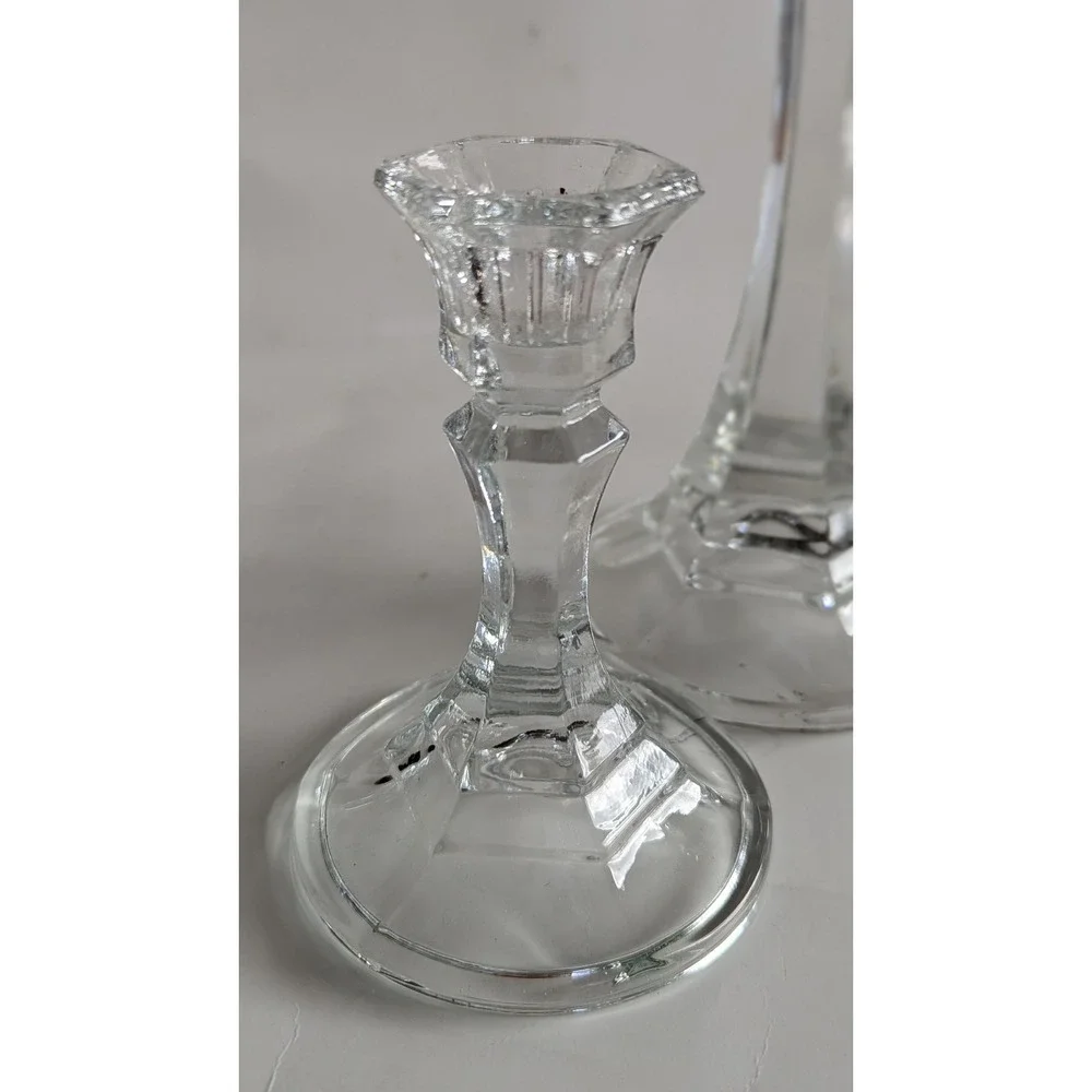 Set of 3 Clear Glass Candlestick Holders Hexagonal Stem Taper Trio